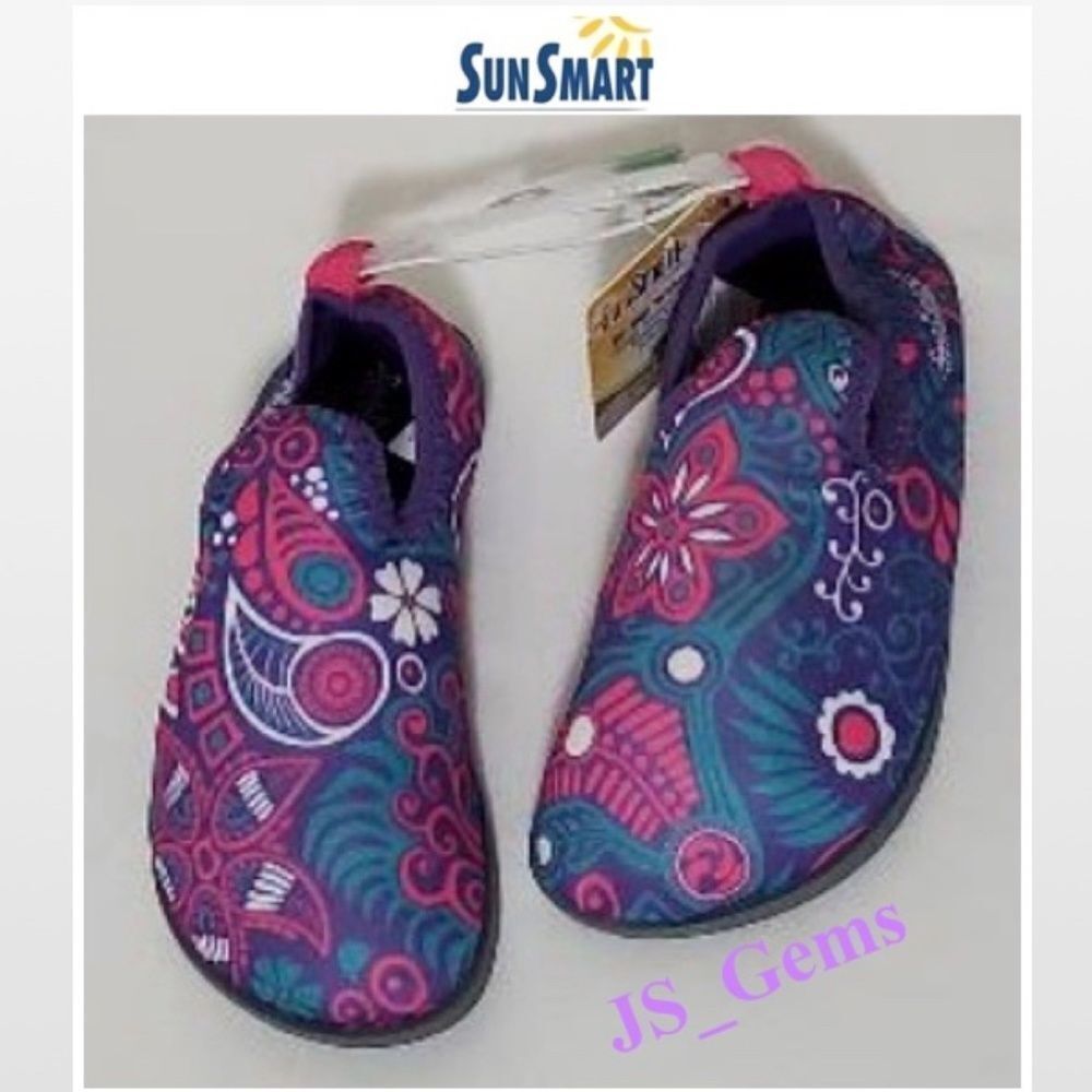 New Aqua Leisure Water Shoes Kid Size 7 8 Purple Floral Slip Ons